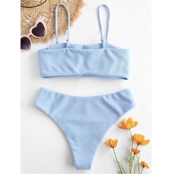 NWT ZAFUL‎ Textured Padded Set Straps Bandeau Day Sky Blue Bikini Size 4 Small - Picture 2 of 8